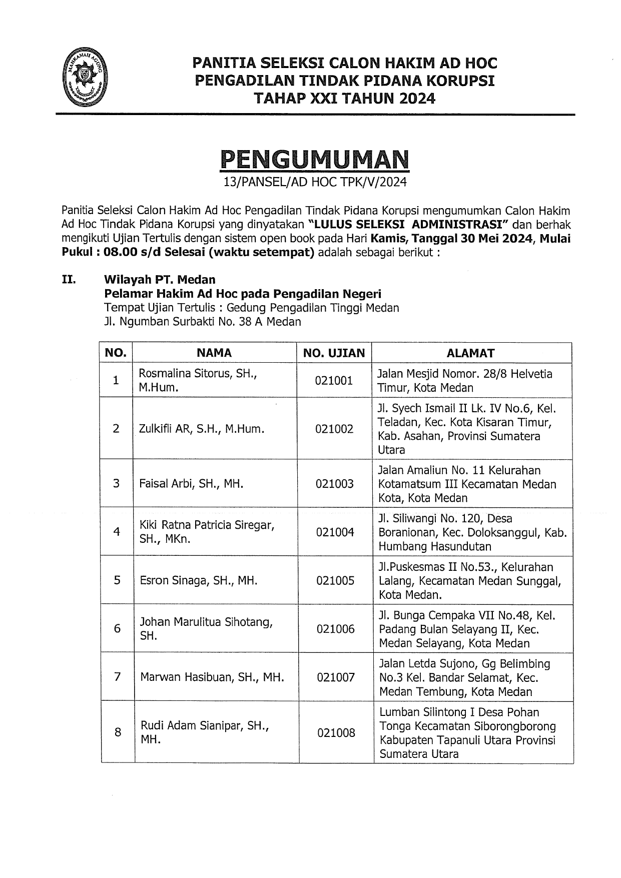 Pengumuman Calon Hakim Ad Hoc Pengadilan Tindak Pidana Korupsi